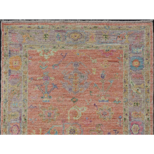 Orange Hand Knotted Turkish Floral Oushak With Orange Background and Lilac Border 4'0 X 6'0 For Sale - Image 8 of 11