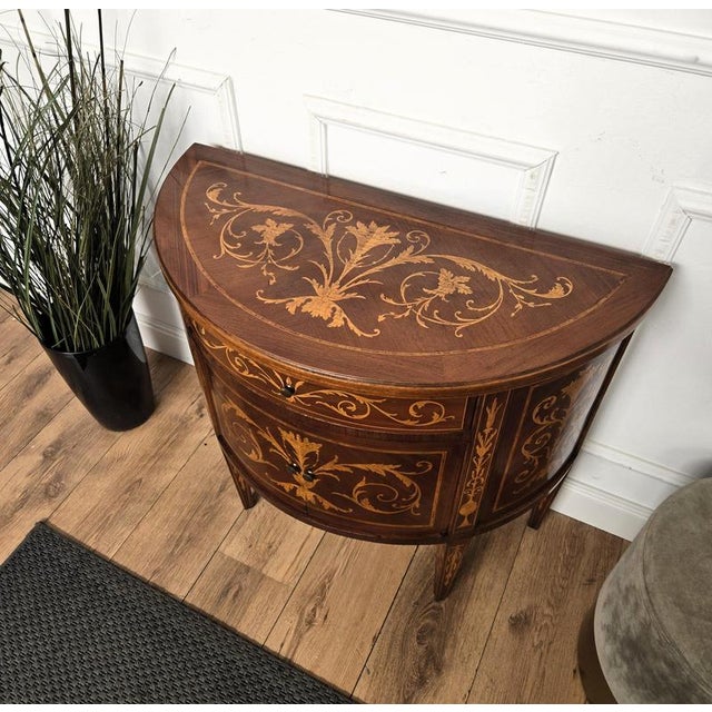 Wood Neoclassical Demi-Lune Commode in Marquetry Inlay Burl Wood, 1960s For Sale - Image 7 of 9
