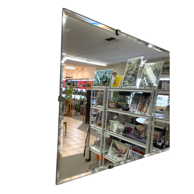 Vintage Mid-Century Modern Rectangular Mirror With Beveled Edge and Metal Clips For Sale - Image 9 of 10