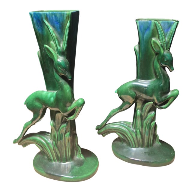 Royal Haeger Pottery Leaping Gazelle ~ Green Pottery Vase [ Pair] 1950s For Sale
