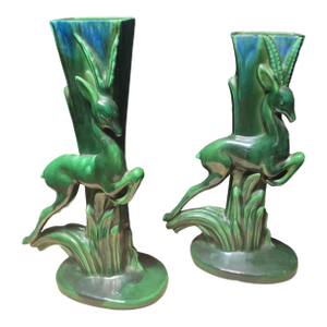 Royal Haeger Pottery Leaping Gazelle ~ Green Pottery Vase [ Pair] 1950s