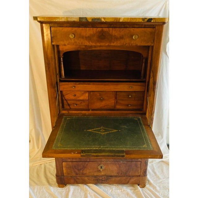 Antique French Louis Philippe Secretary in Walnut With Marble Top Leather Gilt Embossed Writing Surface For Sale - Image 10 of 11