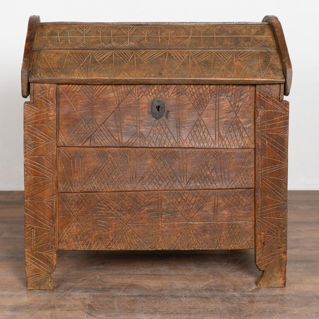 19th Century Large Rustic Oak Dome Top Trunk With Carved Details For Sale - Image 4 of 18
