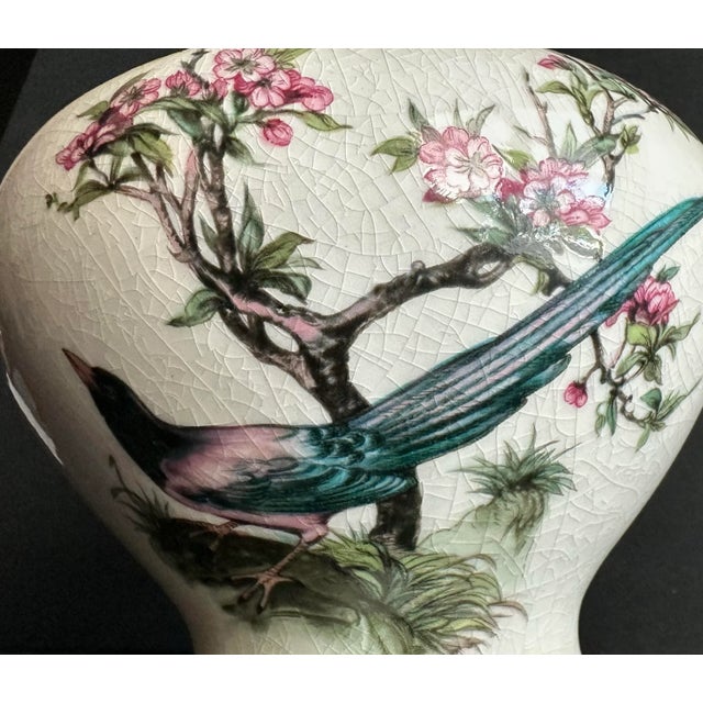 Ceramic Vintage 1900s Chinoiserie Bird & Pink Flowering Bush Round Porcelain Vase For Sale - Image 7 of 12