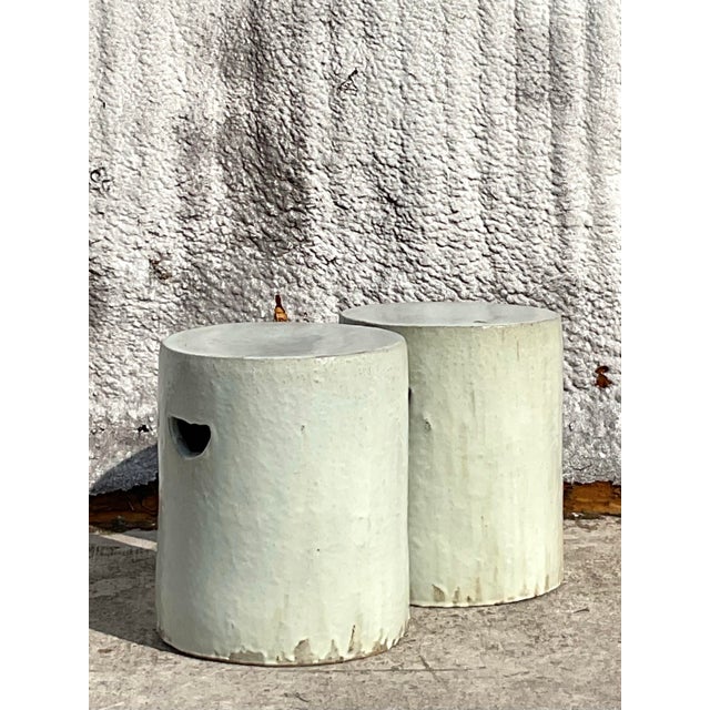 Vintage Boho Glazed Ceramic Low Stools - a Pair For Sale - Image 10 of 10