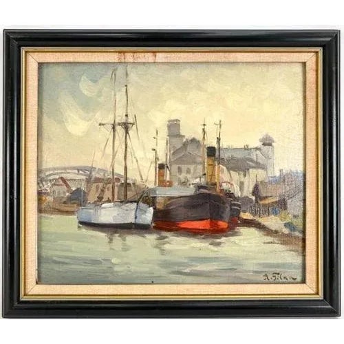 Modern Port, Oil on Board, 20th Century For Sale - Image 3 of 3
