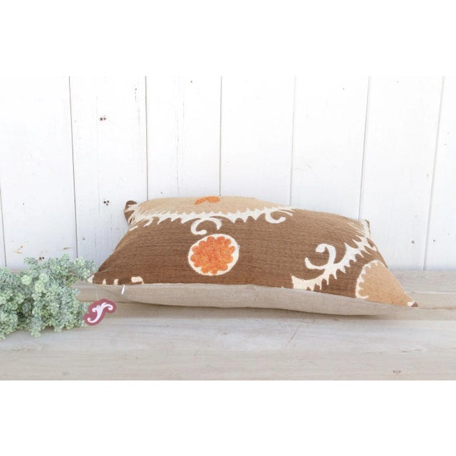 1960s Mud Brown Suzani Lumbar Pillow For Sale - Image 5 of 9