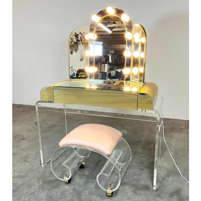 Metal Lucite Vanity, Mirror & Scroll Ottoman Bench by Hill Manufacturing 1970s For Sale - Image 7 of 14