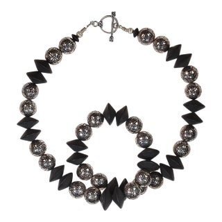 Ajd 24 Inch Matt Black Onyx and Silver Tone Exotics Necklace For Sale