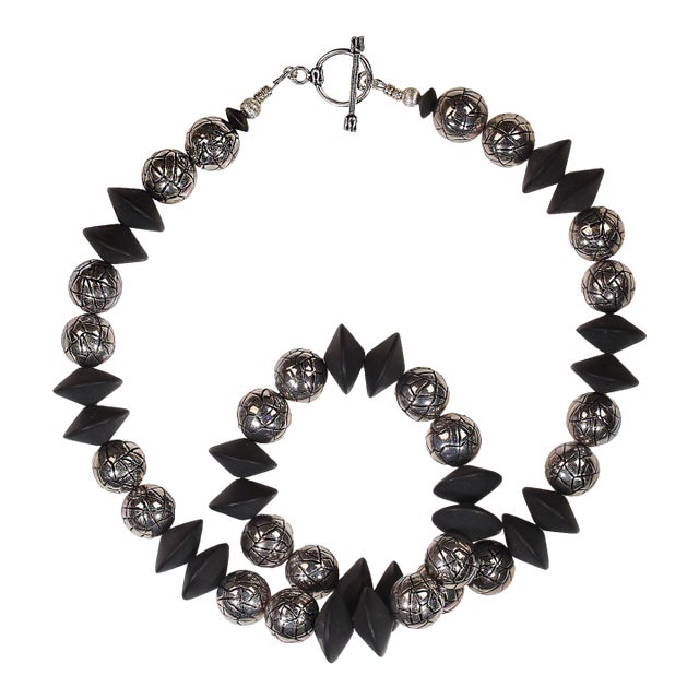Ajd 24 Inch Matt Black Onyx and Silver Tone Exotics Necklace For Sale