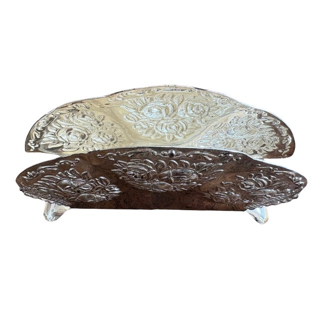Mid-Century Modern Silver-Plated Napkin Holder with Floral Repoussé Décor from BMF, Germany, 1970s For Sale - Image 3 of 5