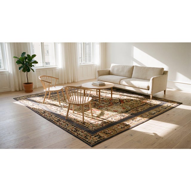 1870s Tan Camel Medallion Antique French Needlepoint Rug 11' X 11' Flatweave Wool Silk Carpet For Sale - Image 13 of 14
