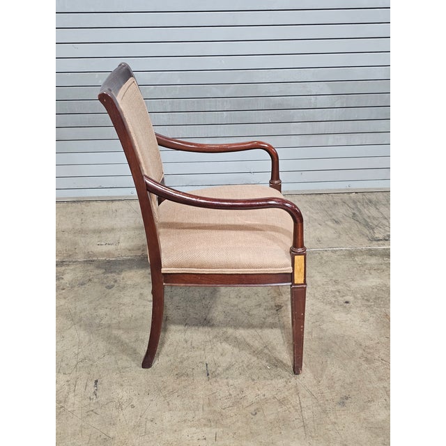 Store Item: Hickory Chair Sheraton Style Arm Chair Mahogany Frame w Burl Maple Inlays Description: Sheraton Style Arm...