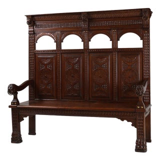 Antique Gothic French Oak Carved High Back Panel Bench, 1700s For Sale