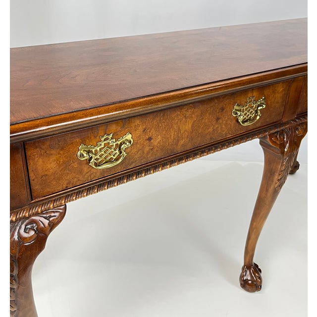 Vintage Baker Furniture Chippendale 5-Leg Burl Walnut & Mahogany Console Table For Sale - Image 15 of 16