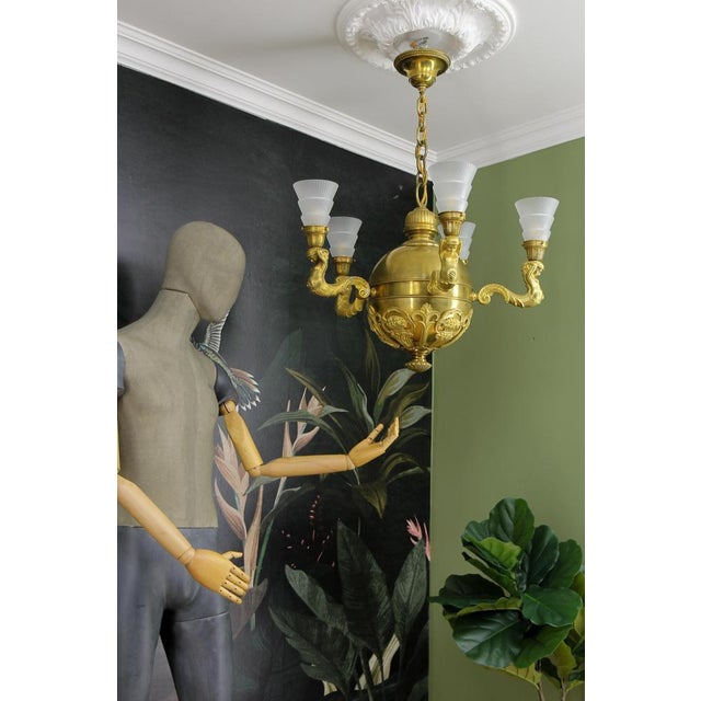 Art Deco Bronze and Frosted Glass Chandelier, 1920 For Sale - Image 15 of 18