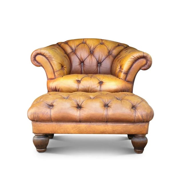 Set of Victorian Design Tan Leather Deep Button Chesterfield Club Chair & Footstool For Sale - Image 4 of 9