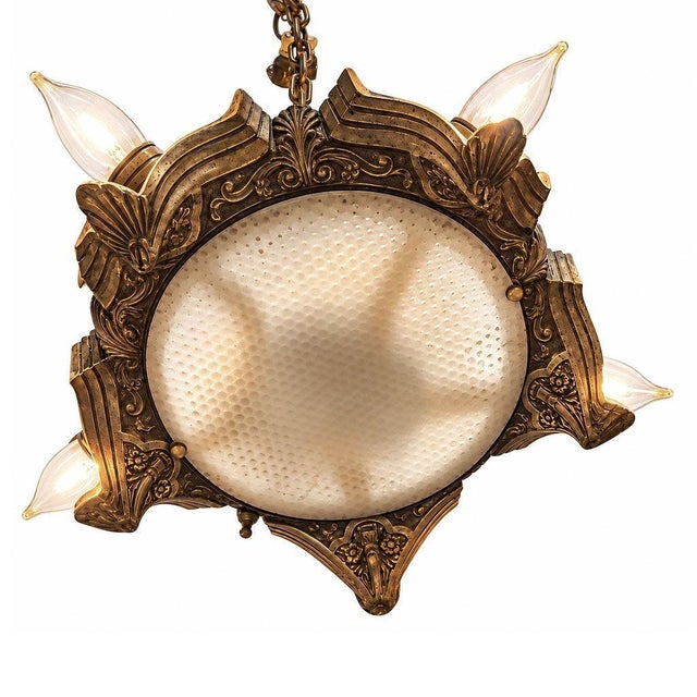 1920 Gemetric Art Deco Brass Five Light Circular Chandelier W Dome Light & Chain For Sale - Image 4 of 6