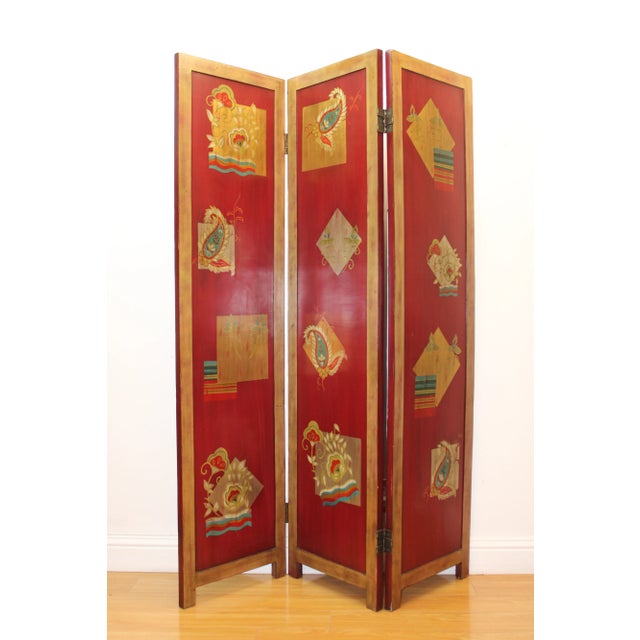 Mid 20th Century Three Panel Hand Painted Folding Screen For Sale - Image 5 of 9