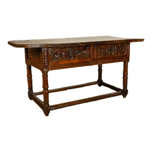 Antique 17th Century Spanish Baroque Carved Walnut Refectory Console Table Circa 1600