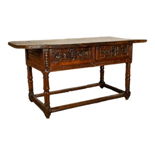 Antique Late 16th Century Spanish Baroque Carved Walnut Refectory Console Table Desk 1580 For Sale