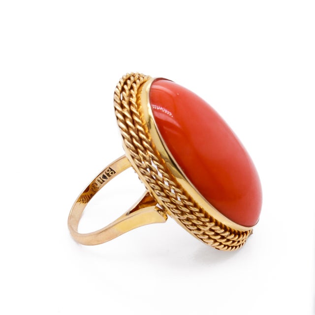 Mid-Century 18k Gold & 24.5 Ct Japanese Red/Orange Coral Cabochon Cocktail Ring For Sale - Image 11 of 12