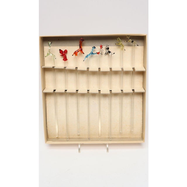 Glass Set of Eight Vintage Blown Glass Animal Cocktail Stirrers With Box by Saxon For Sale - Image 7 of 17