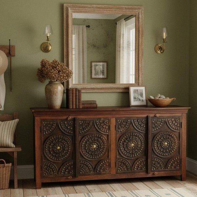 Antique Lotus Carved Sideboard – Two-Tone Vintage Wood Buffet Credenza For Sale In Orlando - Image 6 of 6