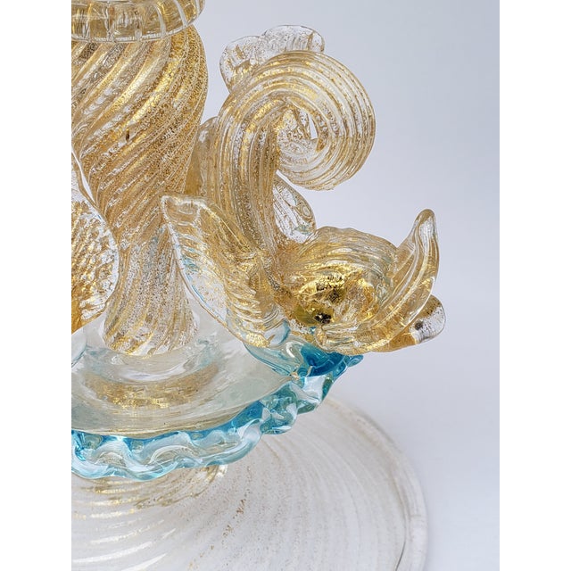 Murano Glass 3 Dolphin Tazza Compote Rigadin Gold Polveri Attr Salviati For Sale - Image 13 of 16