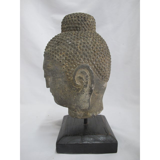 Wood Antique Thai Carved Stone Ayutthaya Style Buddha Head Sculpture on Stand For Sale - Image 7 of 10