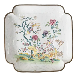 19th Century Chinese Canton Peking Enamel Square Dish With Flycatchers and Flowers