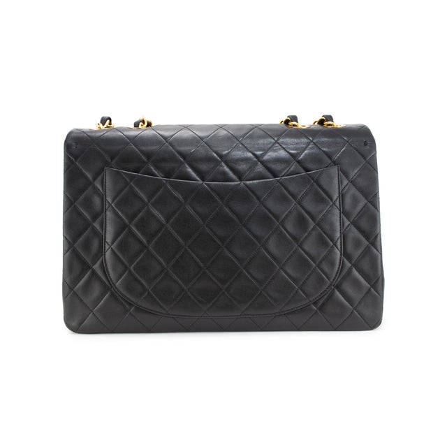 Late 20th Century Vintage Chanel XL Jumbo Black Quilted Lambskin Gold-Tone Flap Shoulder Bag For Sale - Image 5 of 12