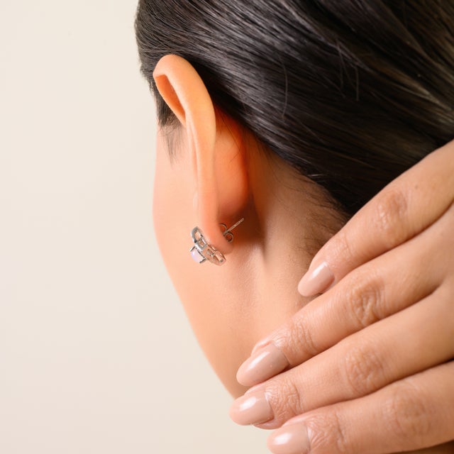 Silver Geometric Solid Silver Opal Halo Stud Earrings for Everyday Wear- 2 Pieces For Sale - Image 8 of 11