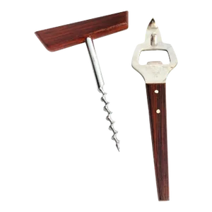 Mid Century Danish Modern 1950s Rosewood & Stainless Steel Bar Tool Set Cork Screw Bottle Opener