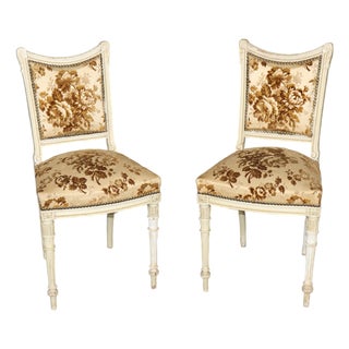 19th C Pair Louis XVI Style Paint Decorated French Side Chairs For Sale