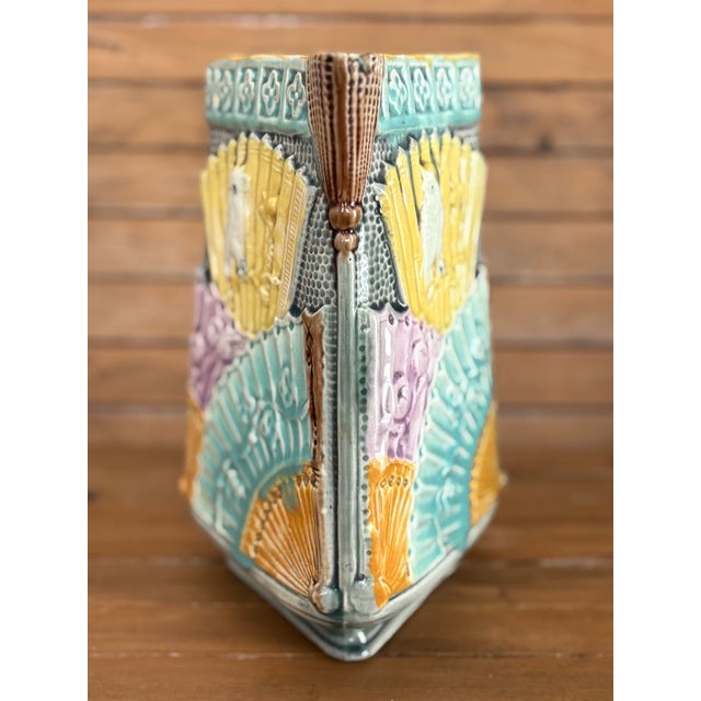 Victorian Majolica Aesthetic Movement Pitcher — Birds, Fans & Bamboo Handle c.1880 For Sale - Image 9 of 12