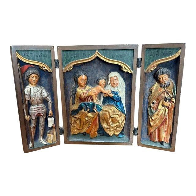 Late Gothic Polychromed Wooden Triptych Relief – Madonna and Child With Saints, 15th–16th Century. For Sale