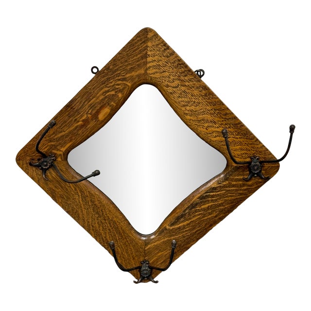 Circa 1910's Tiger Oak Wood Wall Mirror + Coat Rack For Sale