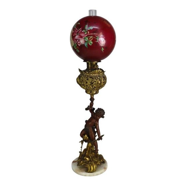 19th Century Bradley & Hubbard Victorian Brass, Bronze, Marble & Glass Figural Oil Lamp For Sale - Image 9 of 14