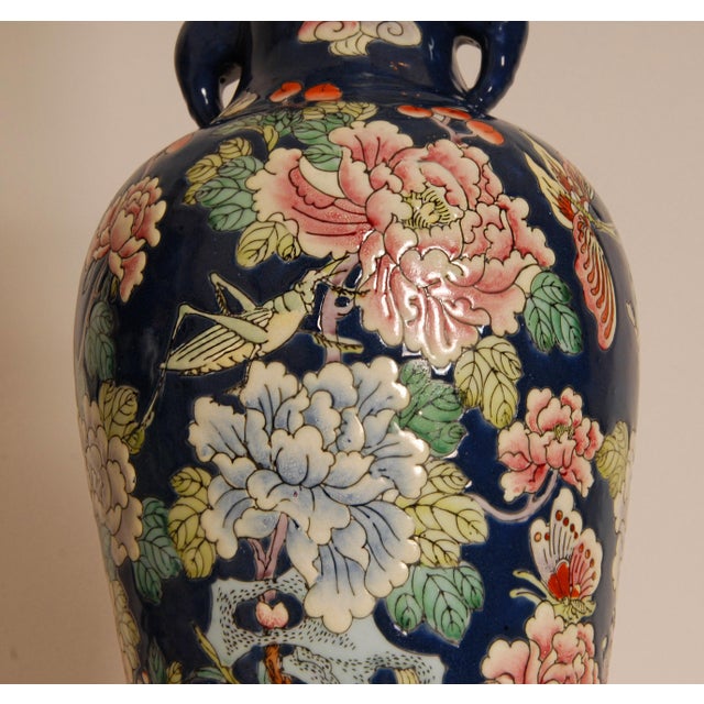 Famille Rose Vase Lamps Chinese Porcelain Blue Fond Oriental Table Lamps - A Pair For Sale - Image 11 of 14