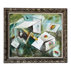1980's M. Summers " Paper in Space " Oil on Canvas Painting, Framed