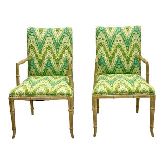 Regency Style Cerused / Bleached Faux Bamboo Bergere Arm Chairs in Chevron - Pair For Sale