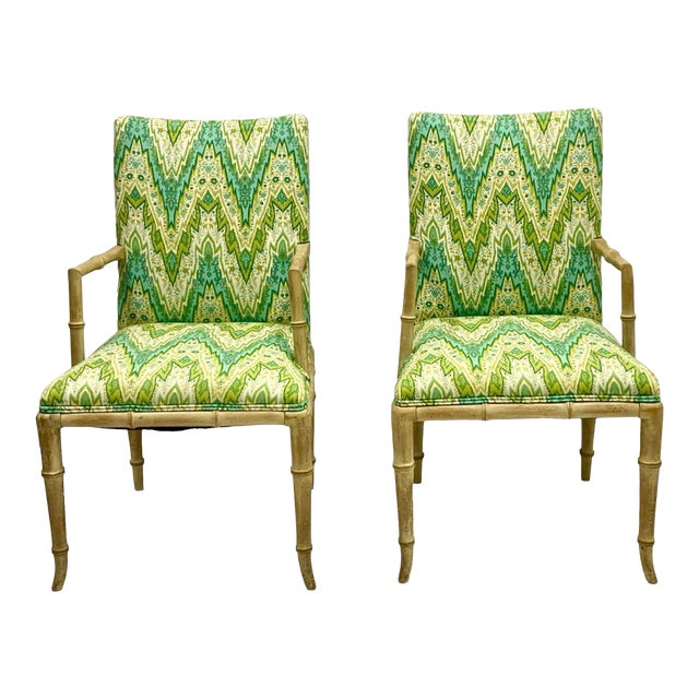 Regency Style Cerused / Bleached Faux Bamboo Bergere Arm Chairs in Chevron - Pair For Sale