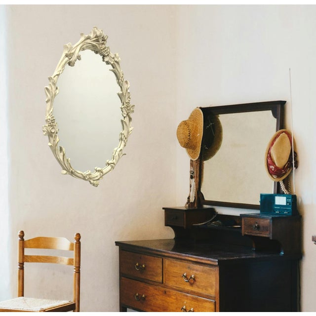 Vintage Carolina Mirror, Cream Oval Floral & Leaf Wall Mirror With Gold Highlights For Sale - Image 12 of 14
