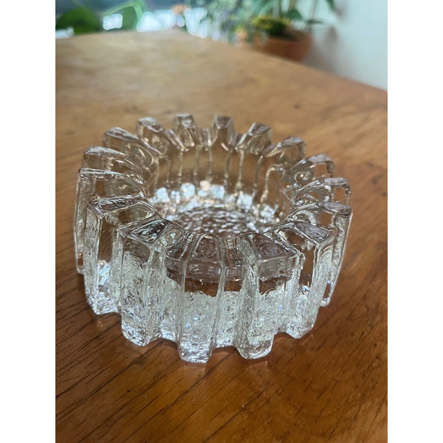 Mid Century Modern, Eva Englund for Pukeberg Glass Cog ashtrays with ribbed sculptural molded Ice design Cast Glass Vide-...