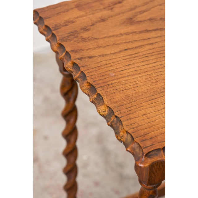 Wood Antique English Rectangle Honey Oak Scalloped Edge Barley Twist Table For Sale - Image 7 of 8