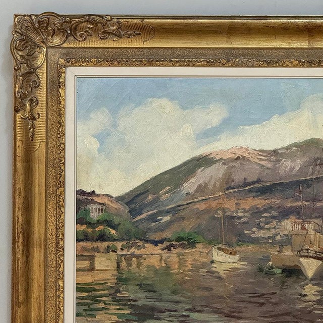 Antique Framed Painting on Canvas 'Harbor in Still Light' Signed by J. Gilbert For Sale In Dallas - Image 6 of 15