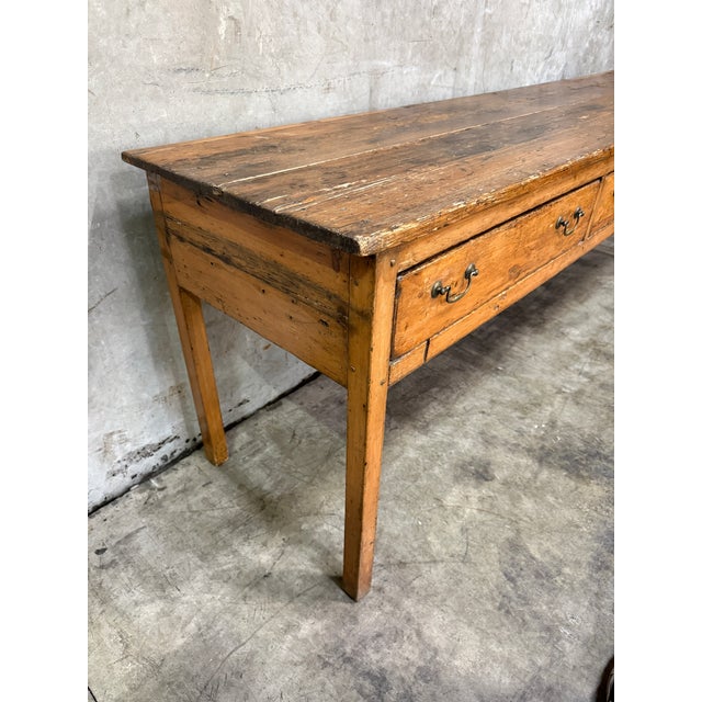 19th C French Draper’s Table Fruitwood Pine 4 Drawer Primitive 90” For Sale - Image 14 of 14