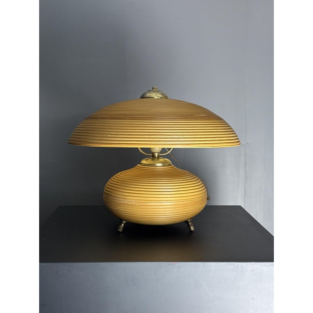Wood Pencil Reed Rattan Bamboo and Brass Mushroom Table Lamp, Italy, 1970s For Sale - Image 7 of 18