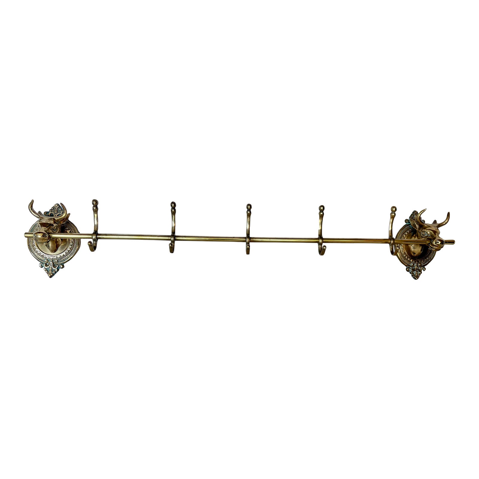 Mid 20th Century Brass Longhorn Cow Head Five Hook Coat Rack | Chairish